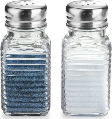 Picture of A Set of 2 Classic Glass Mixers, for Salt and Pepper, with a Glass Base and Stainless Steel Cover. Perfect for Use in the Kitchen, Dining Table, Camper, Camping and Barbecuing. The Design Is Convenient for Filling.