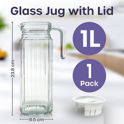Picture of Fridge Jug Glass Water Jug with Lid - 1L Clear Water Pitcher with Ribbed Glass Design & Handle for Fridge Shelf & Everyday - Juices, Pimms & Picnics