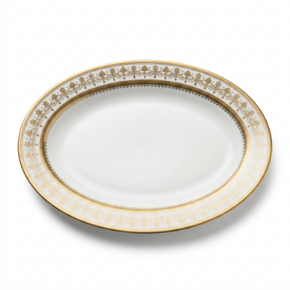 Picture of Oval Ceramic Serving Plate 30cm Length 20cm Width 3cm Height with Gold Decorative Rim Large Platter for Serving Main Dishes Salads Appetizers and Desserts Suitable for Home Dining and Special Occasions