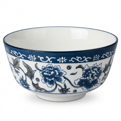 Picture of Elegant Blue and White Ceramic Bowl 14.5cm Diameter 8cm Height Approx 700ml Capacity Decorative Floral Design Serving Bowl for Soup Salad Cereal Rice Noodles and Everyday Dining Use