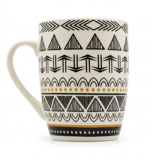 Picture of White Ceramic Mug Approx 300ml Capacity 11cm Height and 8cm Diameter with Black and Gold Tribal Geometric Pattern Multiple Bands Design Artistic Style for Tea Coffee and Hot Beverages Suitable for Daily Use in Home Office and Cafe Settings Premium Quality Decorative Drinkware