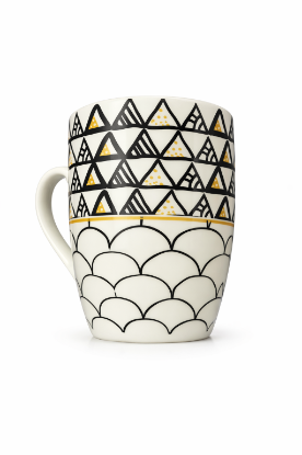 Picture of Unique Designed White Ceramic Mug Approx 300ml Capacity 11cm Height and 8cm Diameter with Black and Yellow Geometric Pattern Artistic Style for Tea Coffee and Hot Beverages Suitable for Daily Use in Home Office and Cafe Settings Premium Quality Decorative Drinkware