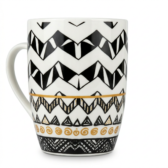 Picture of White Ceramic Art Designed Mug Approx 300ml Capacity 10cm Height and 8cm Diameter with Black and Gold Tribal Geometric Pattern Decorative Style Suitable for Tea Coffee and Hot Beverages for Daily Use in Home Office and Cafe Settings