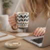 Picture of White Ceramic Art Designed Mug Approx 300ml Capacity 10cm Height and 8cm Diameter with Black and Gold Tribal Geometric Pattern Decorative Style Suitable for Tea Coffee and Hot Beverages for Daily Use in Home Office and Cafe Settings