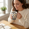 Picture of White Ceramic Mug Approx 300ml Capacity 11cm Height and 8cm Diameter with Black and Yellow Geometric Pattern Design Comfortable Handle Suitable for Tea Coffee and Hot Beverages for Daily Use in Home Office and Cafe Settings