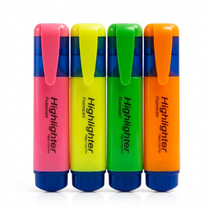 Picture of 4 Pack Chisel Tip Fluorescent Highlighters Assorted Colors Pink Yellow Green Orange Quick Dry Ink Non-Toxic Tank Style Markers for Highlighting Notes Documents School Office Study and Color Coding Tasks Smooth Ink Flow and Durable Tip for Daily Use