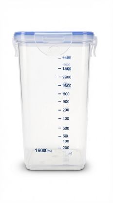 Picture of Plastic Canister 1600ml Capacity with Blue Lid Measurement Markings from 100ml to 1400ml Rectangular Shape with Secure Locking Clips for Kitchen Storage of Dry Goods and Liquids Transparent Body with Volume Scale Printed on Side