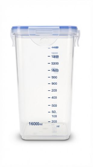 Picture of Plastic Canister 1600ml Capacity with Blue Lid Measurement Markings from 100ml to 1400ml Rectangular Shape with Secure Locking Clips for Kitchen Storage of Dry Goods and Liquids Transparent Body with Volume Scale Printed on Side